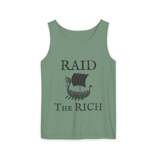 A green tank top that reads "Raid the Rich" and has an image of a viking longship.